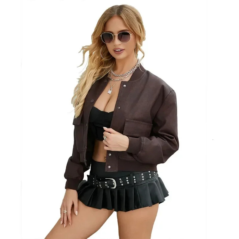 BTQWFD Womens Clothing Coat PU Faux Leather Casual Moto Biker Jackets Single Breasted Outwear 2024 Female Long Sleeve Winter 241129