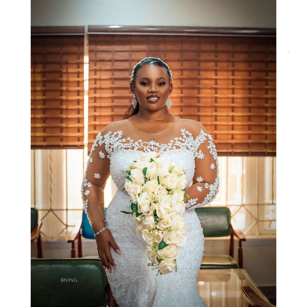 Size Arabic Ebi Plus Aso Luxurious Lace Beaded Sheer Neck Long Sleeves Bridal Dresses Sexy Vintage Wedding Gowns Zj