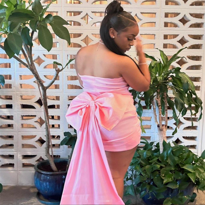Chic Plus Size Pink Prom Dress With Bow Train Sexy Strapless Holiday Evening Short Dress Satin Foraml Occasion Party Birthday Homecoming Dress Vestio 