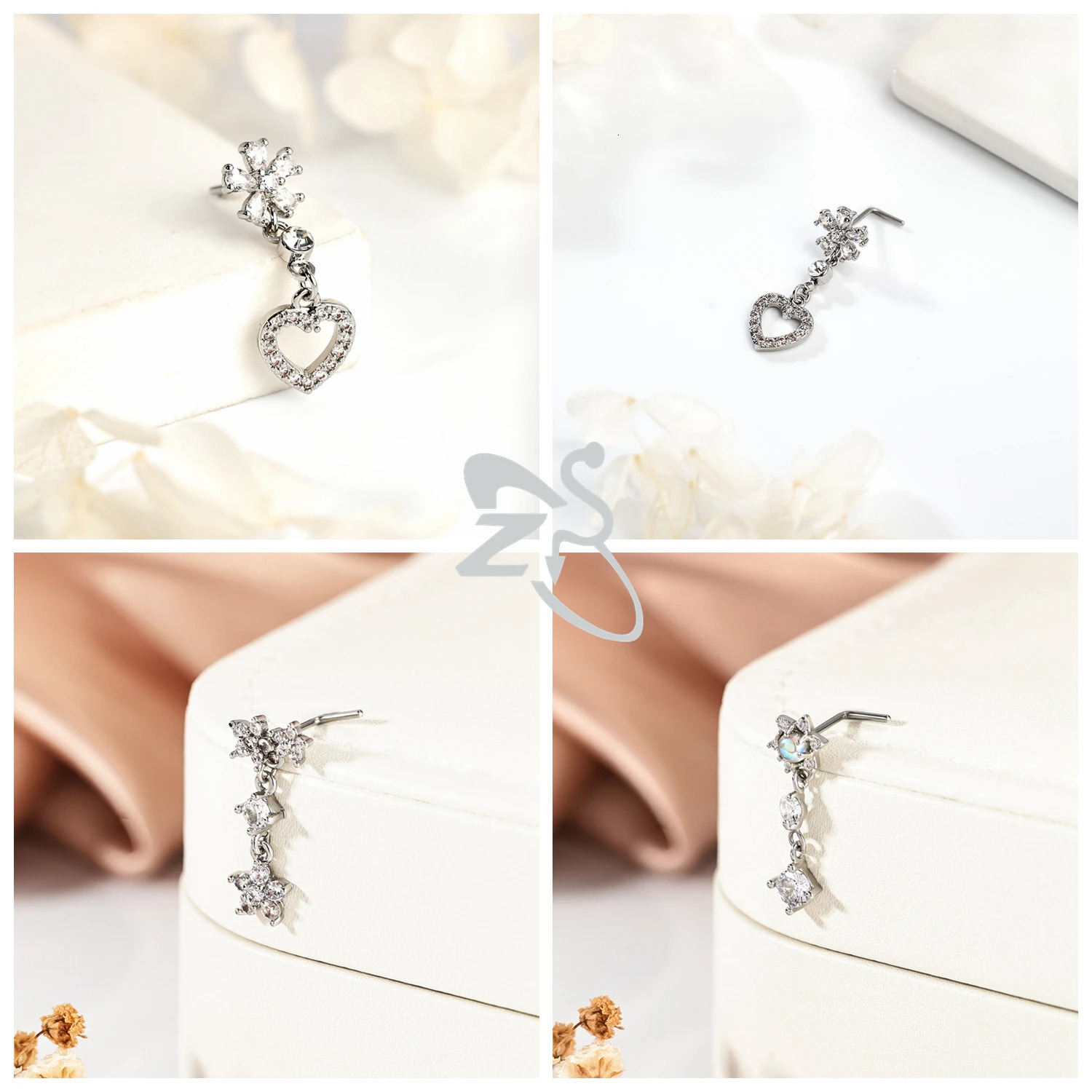 ZS 1 Piece Shiny CZ Crystal Nose Stud 20G L Shaped Stainless Steel Piercings Flower Butterfly Heart Shape Nostril Piercing 241125