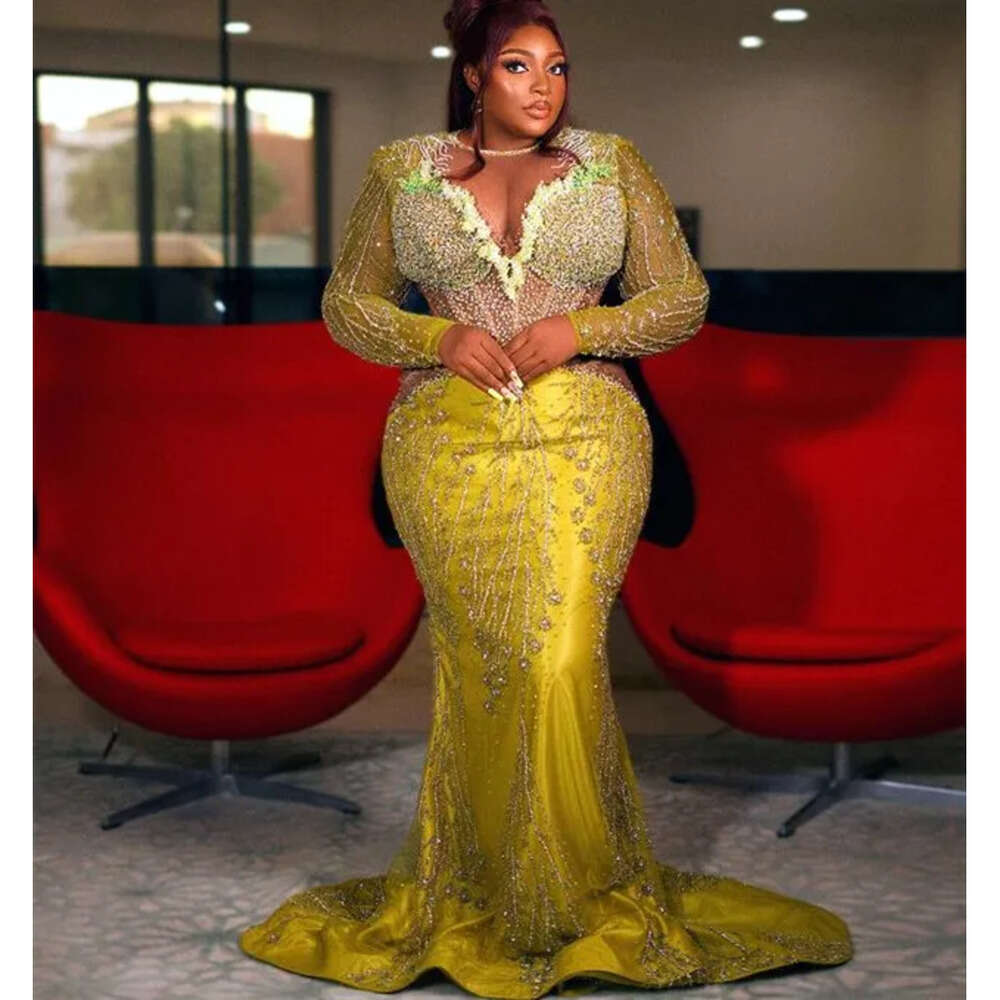 Gold May Aso Mermaid Ebi Prom Dress Beaded Sequined Lace Evening Formal Party Second Reception Birthday Engagement Gowns Dresses Robe De Soiree Zj348 