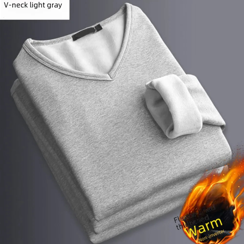 Mens winter underwear top with wool lining thick and warm sportswear solid color O-neck V-neck bottom sweater large size 5XL 241122