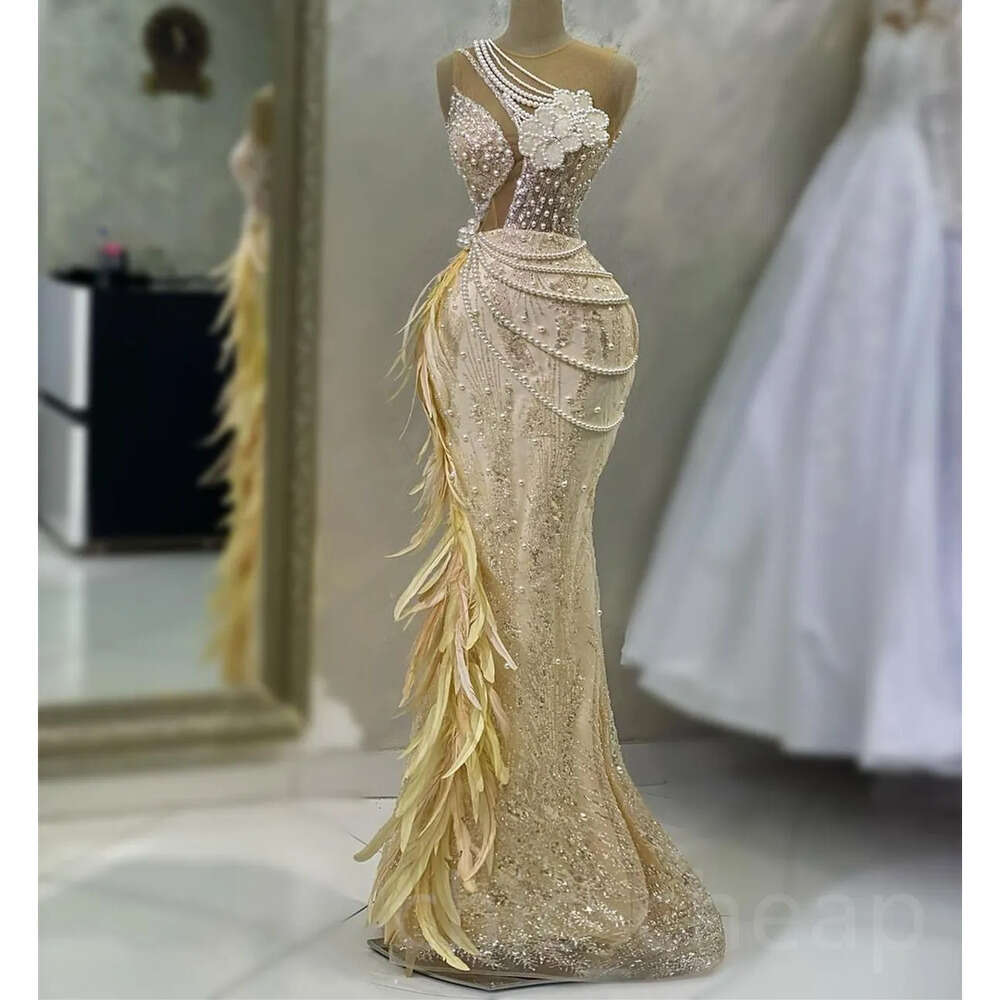 Aso Ebi Champagne Mermaid Arabic Prom Feather Pearls Evening Formal Party Second Reception Birthday Engagement Gowns Dress Zj 6660306