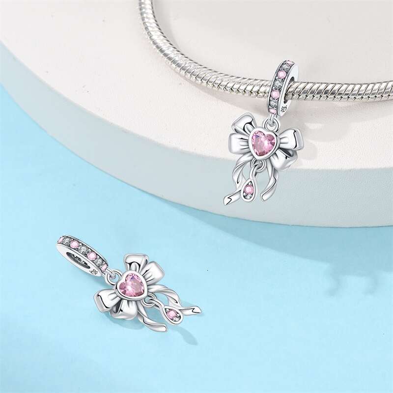 Sier Pink Bow Girl Heart Pendant Charm Fit Original Bracelet Necklace Womens Fine DIY Jewelry Gift 2024 New in
