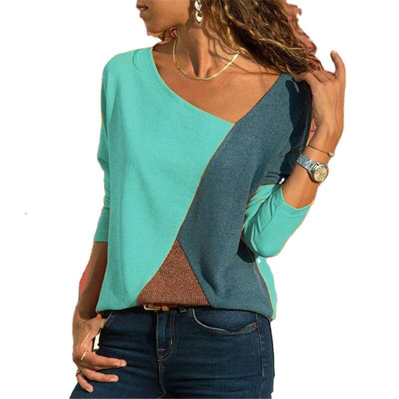 New Hot Splicing Color Blocking Round Neck Long Sleeved Casual T-Shirt For Women, Trendy Clothing, Fashionable Temperament B4
