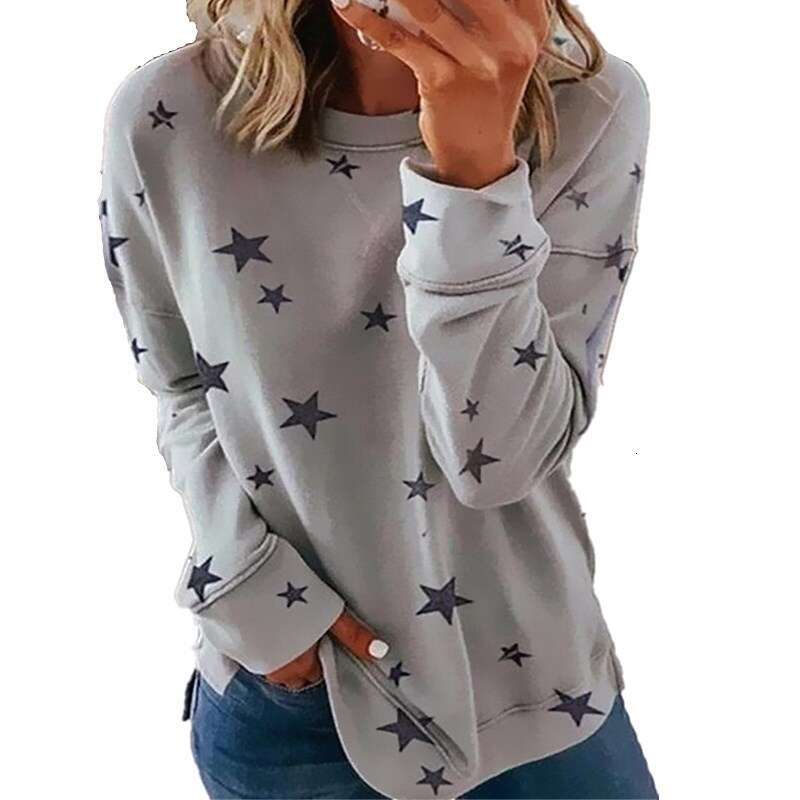 European American Autumn New Star Print Splicing Plus Size Women's Top, Long Sleeved T-Shirt, Trendy Clothing, Fashionable And Casual Temperament