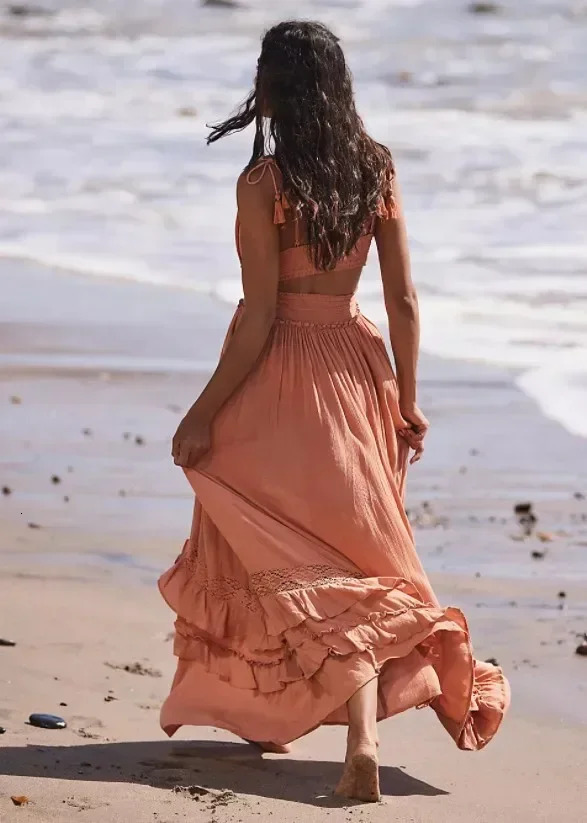 canwedance Summer Beach Dress Sleeveless Cotton Maxi Dresses Boho Style Solid Color Lace Ruffled Sundress Mujer Vestidos 240415