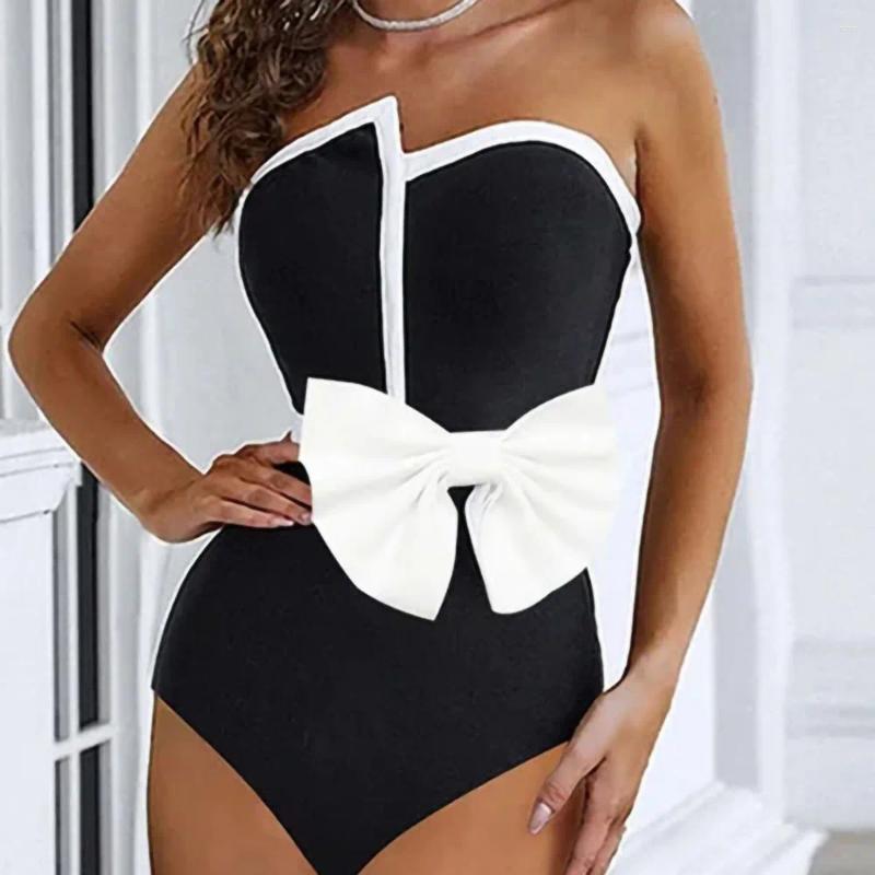 Womens Swimwear 2024 Black White Spliced Swimsuit Elegant Tube Top Bow Belt Bikini Irregular Hip Beach Skirt Vintage Pool
