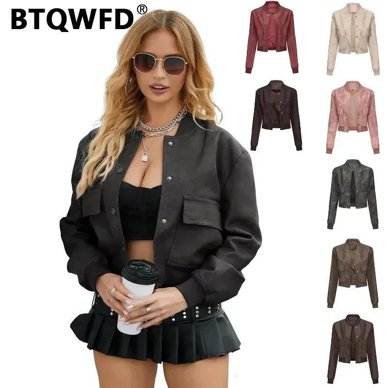 BTQWFD Womens Clothing Coat PU Faux Leather Casual Moto Biker Jackets Single Breasted Outwear 2024 Female Long Sleeve Winter 241129