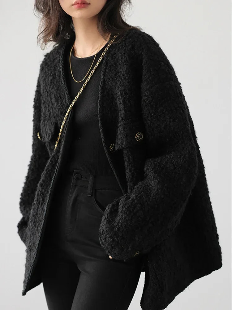 CHIC VEN Fashion Womens Wool Coat Single Breasted Vintage Jacket VNeck Office Lady Overcoat Female Tops Spring Autumn 2023 241129