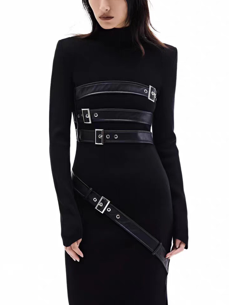 Spliced Belt Split A E Dresses For Women Stand Collar Long Sleeve High Waist Slimming Dress Female Fashion New