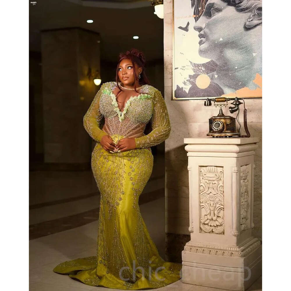 Gold May Aso Mermaid Ebi Prom Dress Beaded Sequined Lace Evening Formal Party Second Reception Birthday Engagement Gowns Dresses Robe De Soiree Zj348 