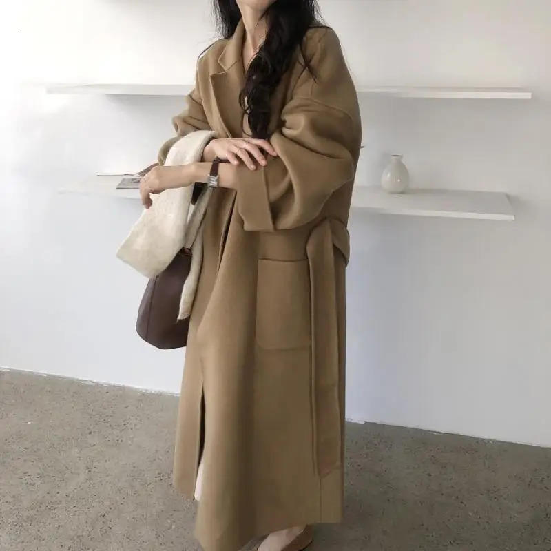 2024 Winter Korean Khaki Woolen Coat Women Mid Waist Tie Jacket Daily Street Casual Coats Clothing 241129