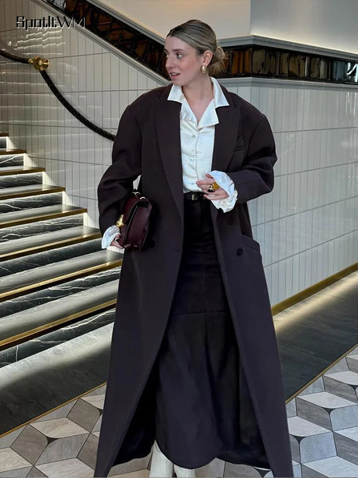 Winter Brown Wool Blends Long Coat Women Elegant Sleeve Double Breasted Pockets Jacket Lady Lapel Casual Office Outwear 241129