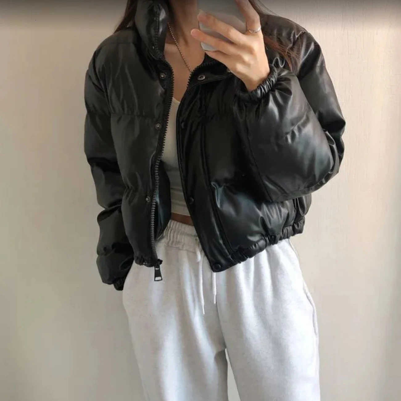 Ai.Fashion Winter Thick Black Faux Leather Parkas PU Short Coats Women Elegant Zipper Padded Jackets Female Ladies