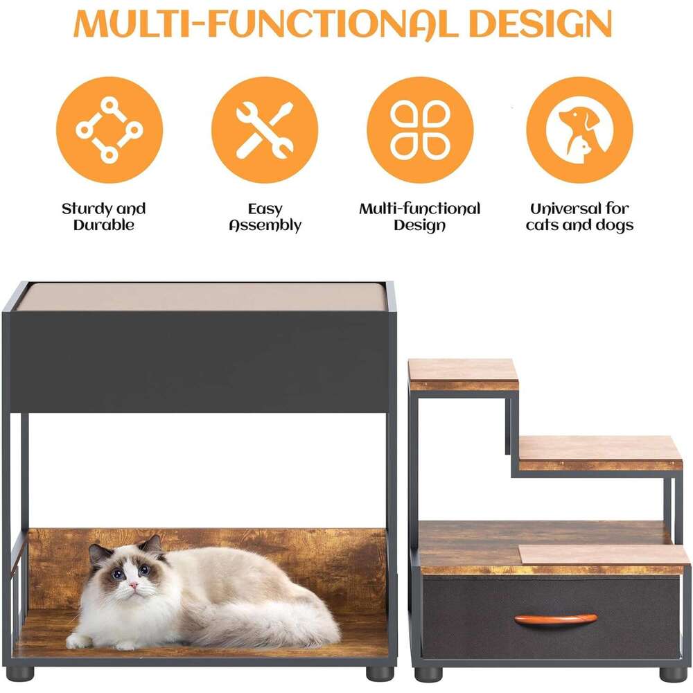 Pet Step Perch,Bunk Bed Window Perch For Dog Bedide Lounge Elevated Dog Bed Multi-Level Platform With Sponge, Non-Slip Pad And Storage,Vintage