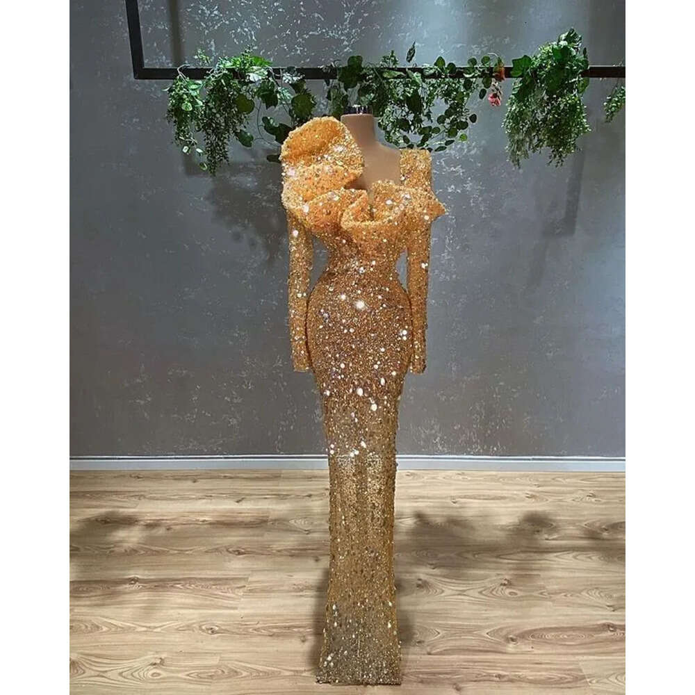 Aso Plus Size Ebi Arabic Gold Sparkly Sheath Prom Dresses Sequined Lace Stylish Evening Formal Party Second Reception Birthday Gowns Dress Zj 6660306