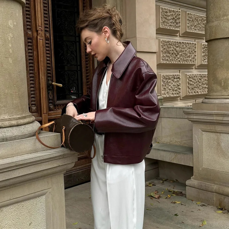 Womens Faux PU Leather Jackets Coat Autumn Winter 2024 Zip Up Streetwear Chic Vintage Burgundy Retro Motocycle Polo Outerwears 241129