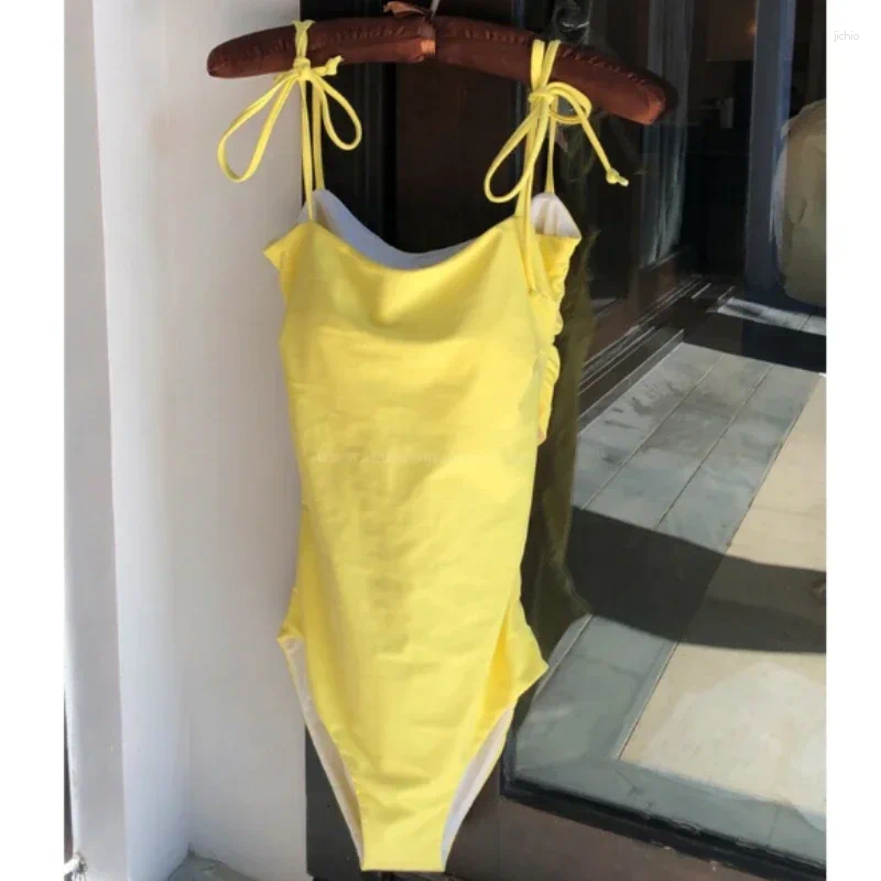 Womens Swimwear One Piece Swimsuit Women 2024 Bodysuit Solid Yellow Push Up Monokini Sexy Hollow Out Beach Wear Bathing Suit Female