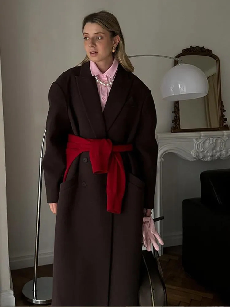 Winter Brown Wool Blends Long Coat Women Elegant Sleeve Double Breasted Pockets Jacket Lady Lapel Casual Office Outwear 241129