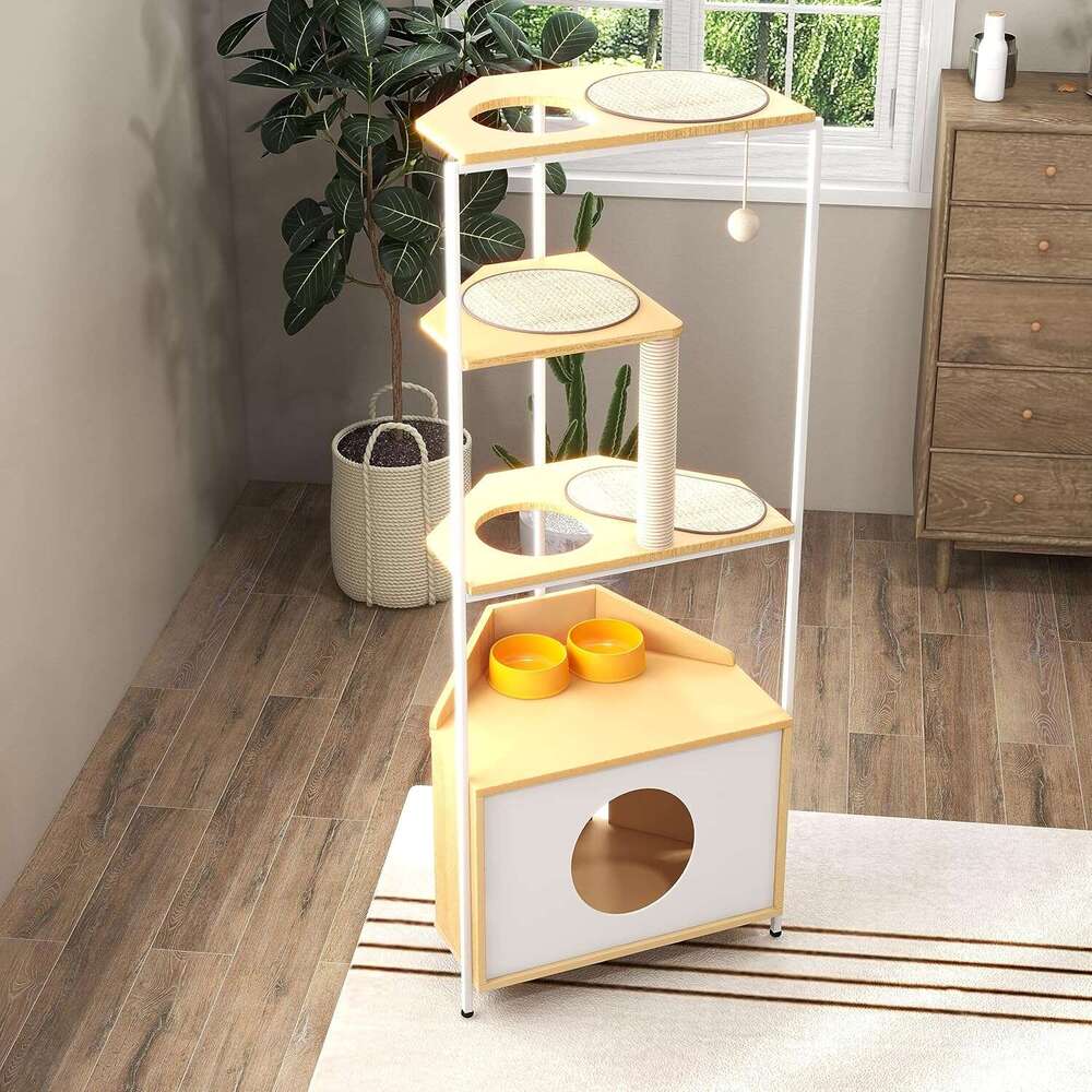 Corner Tower, Tree Scratching Post, Cat Condo With Feeding Station And Climbing Platforms, Pet Furniture For Indoor Cats