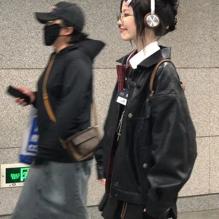 Korea Reversible Lattice Leather Jacket Women American Patchwork Loose Bomber Jackets Harajuku Vintage Zipper PU College Style 241129