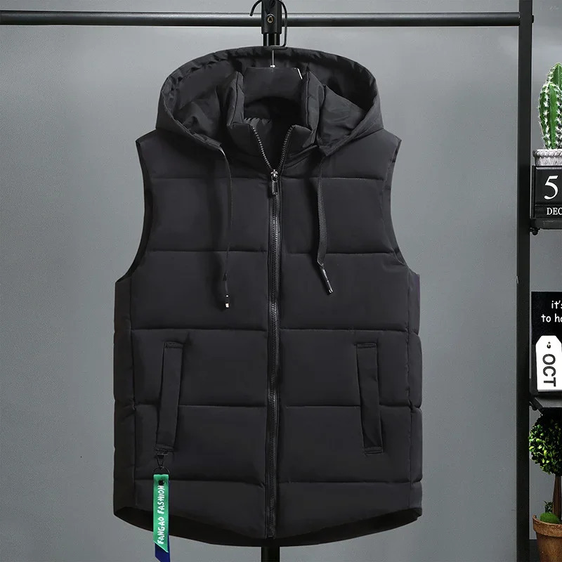 2024 Mens Vest Cotton Padded Warm Autumn and Winter Solid Sleeveless Jacket Windproof Detachable Hat Coat 241129
