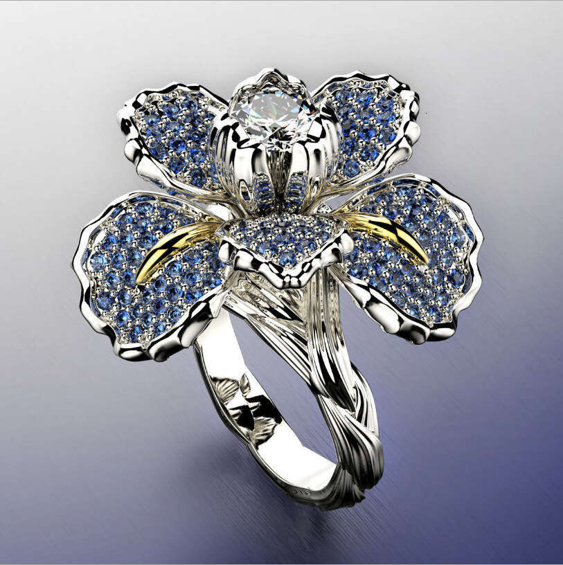 Micro inlaid with diamond iris dual color ring, blue topaz flower engagement cocktail ring for women