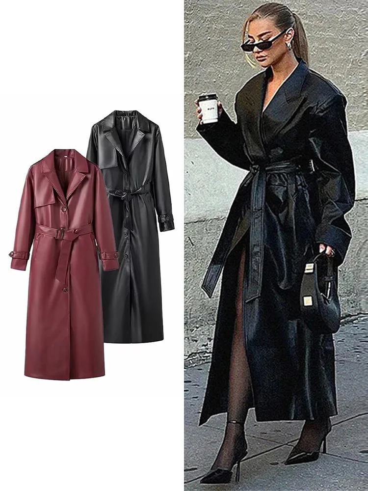 Street Leather Long Jacket Loose Lapel Single Breasted Belt Pu Coats Female 2024 Autumn Sleeves Solid Outwears Lady 241129
