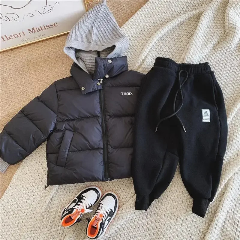 2023 Winter Baby Toddler Boy Korean Style Knitted Patchwork Hooded Jacket Coat Thicken Outdoor Wear 27YEARS 241126