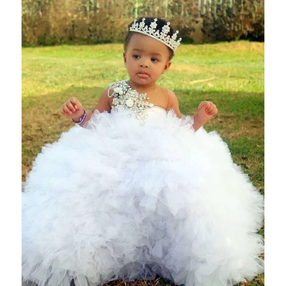 Tutu Flower White Crystals Luxurious Girl Dresses Beaded Sheer Neck Tiers Tulle Lilttle Kids Birthday Pageant Weddding Gowns
