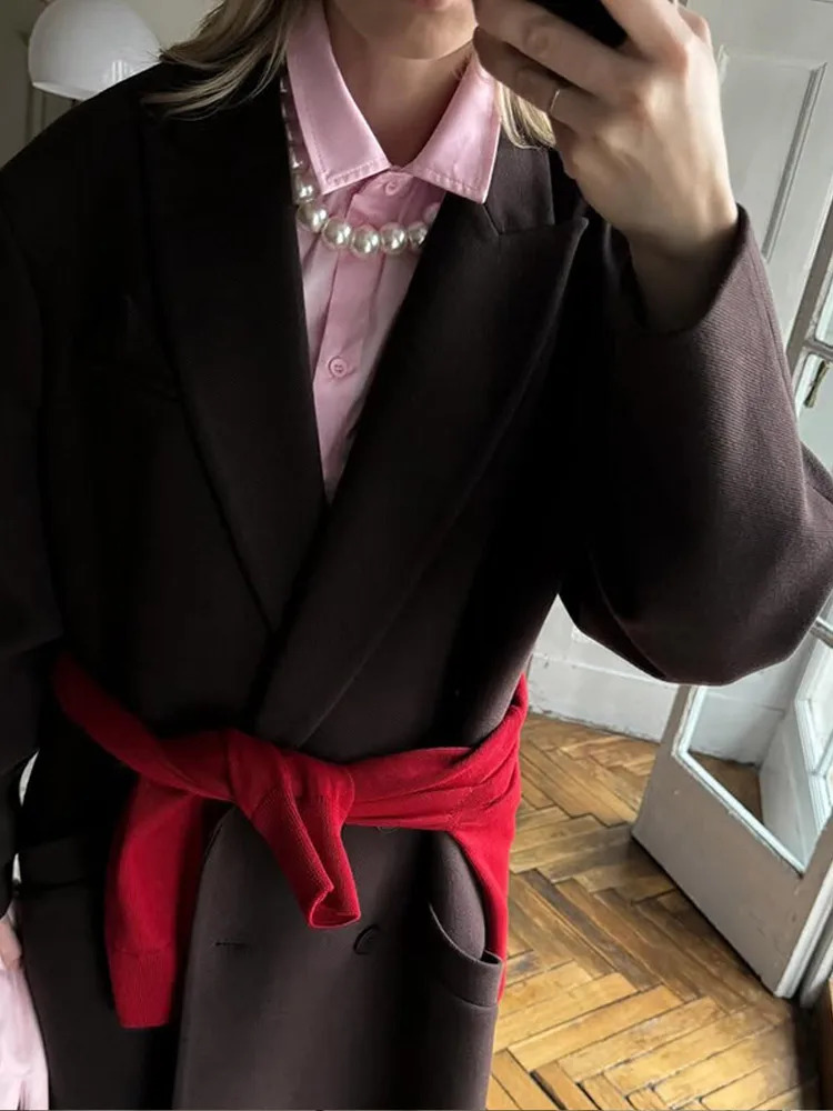 Winter Brown Wool Blends Long Coat Women Elegant Sleeve Double Breasted Pockets Jacket Lady Lapel Casual Office Outwear 241129