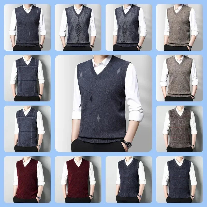 Mens Sleeveless Vest Casual Vneck Diamond Patterned High Quality Man Clothes 241129