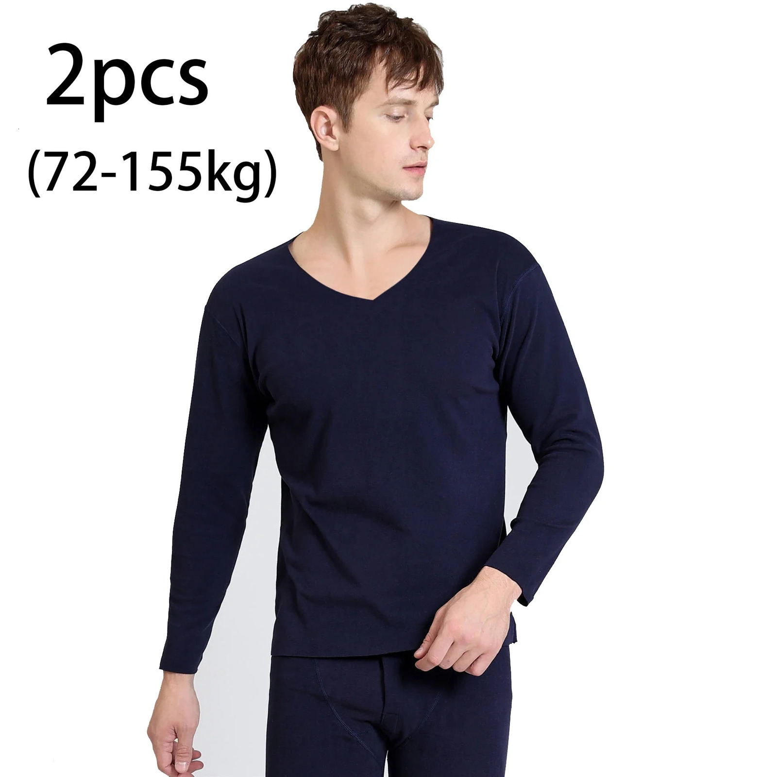 2 pieces of seamless mens long sleeved underwear for autumn mens plus size V-neck thin velvet autumn clothing top 3XL-7XL 241122