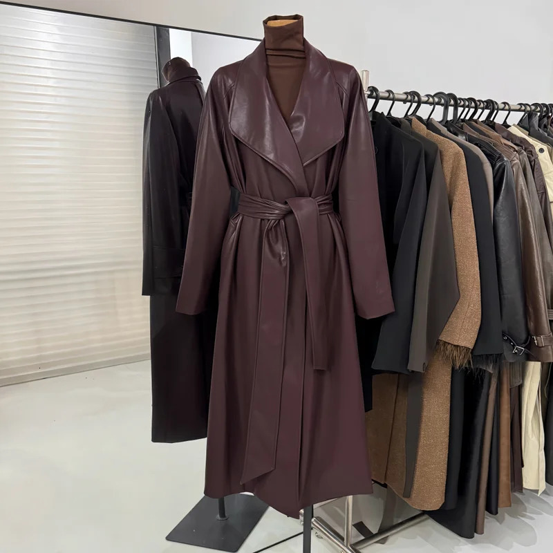 Women PU Leather Windbreaker Lapel Solid Color Belt Mid Length Trench Coat Vintage Cool Streetwear Clothes 241129