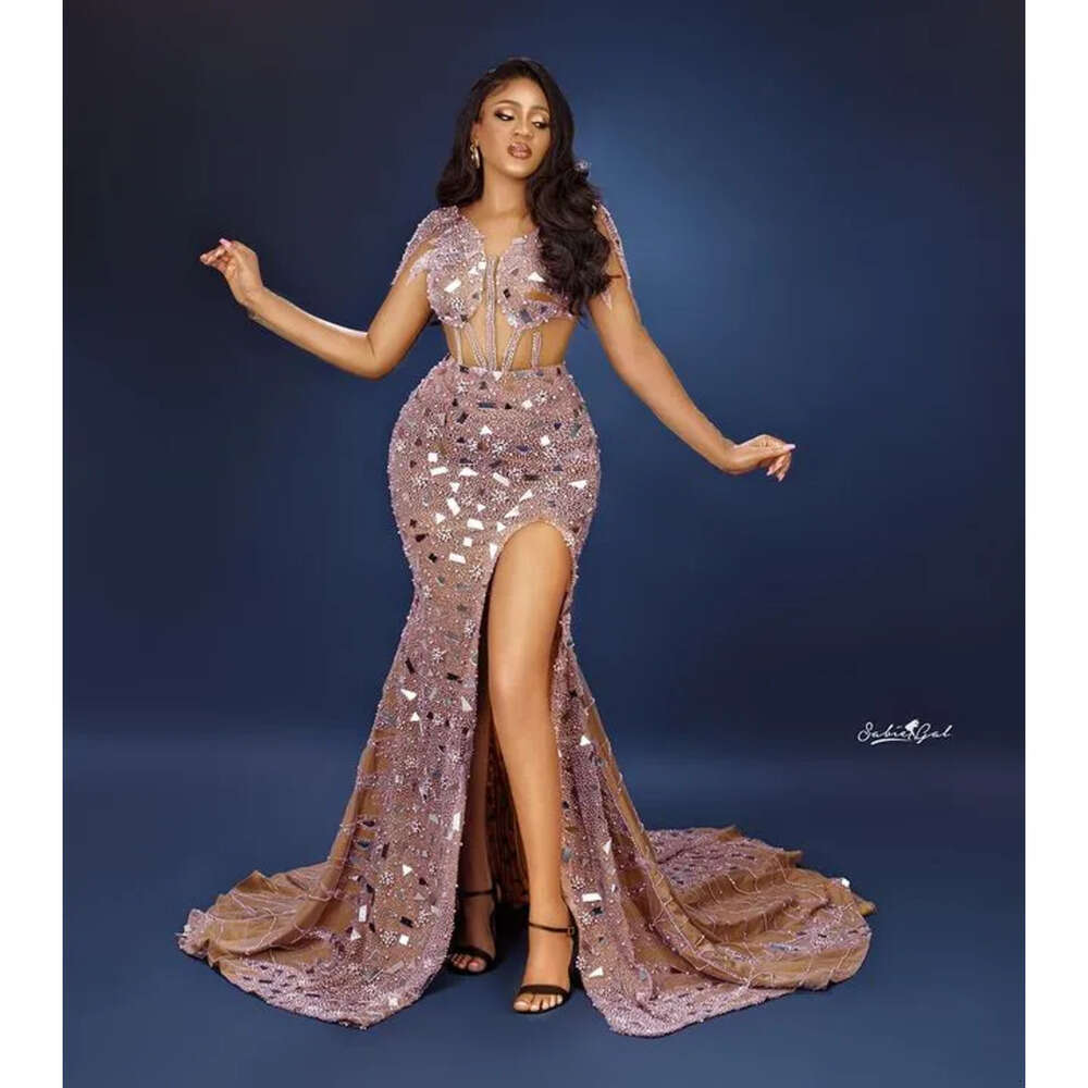 Plus Arabic Aso Size Ebi Luxurious Sparkly Mermaid Prom Dresses Beaded Crystals Sheer Neck Evening Formal Party Second Reception Gowns Zj