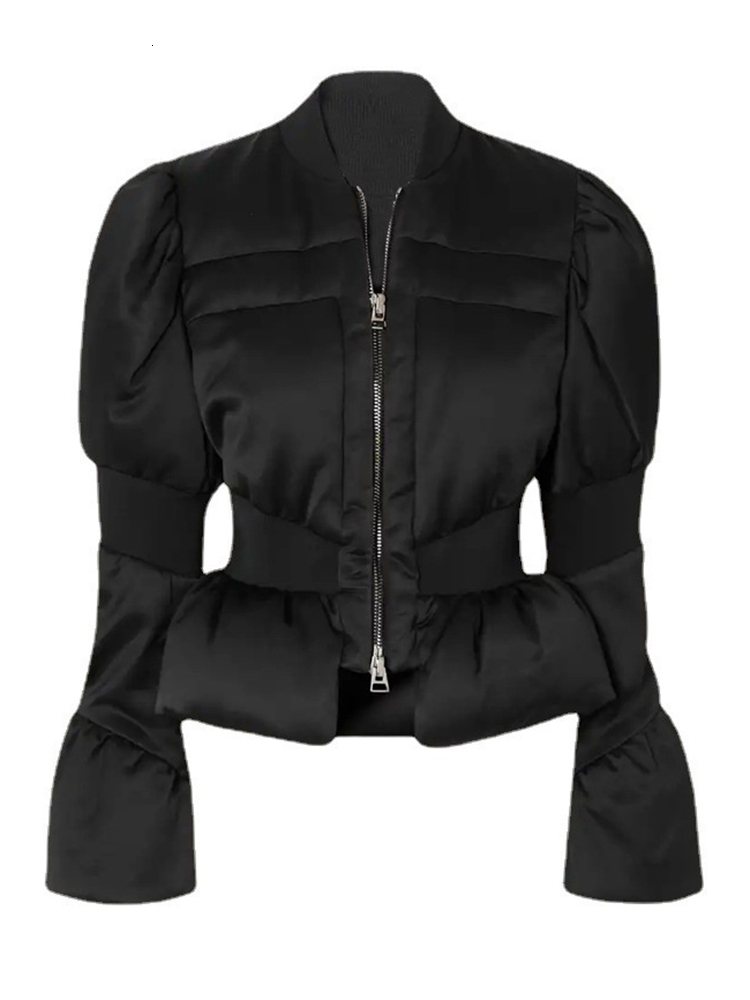 DEAT Fashion Women's Cotton-Padded Coat Stand Neck Flare Sleeves Zip Waist Black Quilting Short Jackets Winter 2024 New 7Ab299