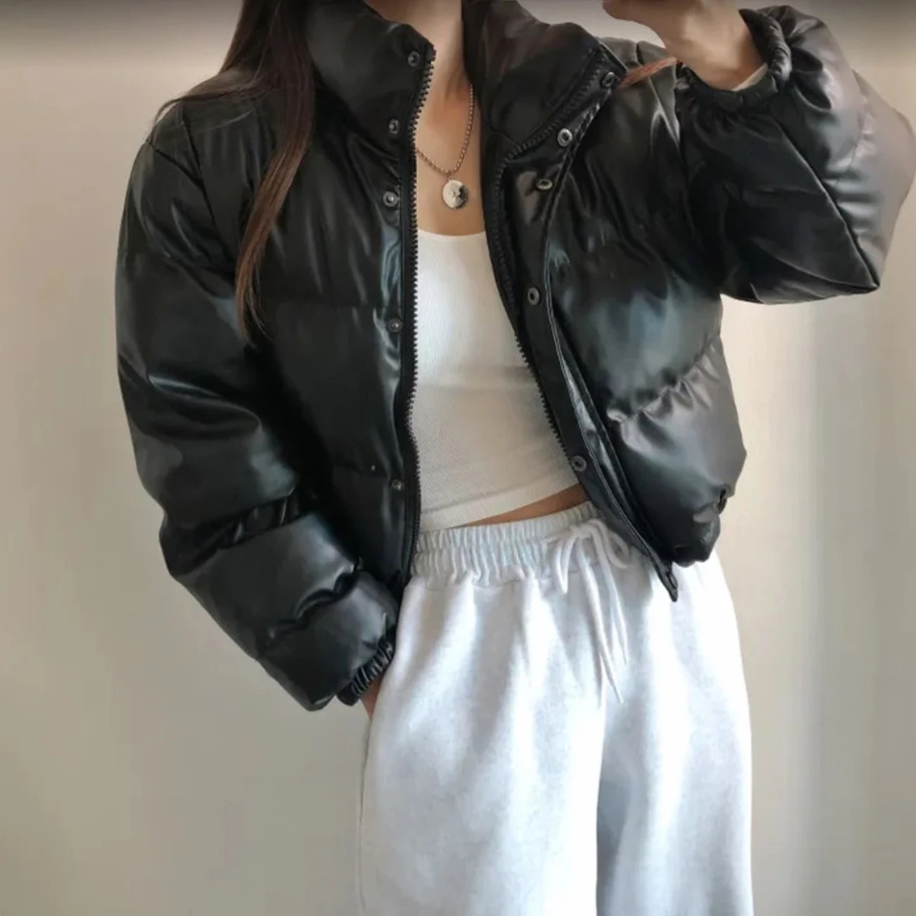 Ai.Fashion Winter Thick Black Faux Leather Parkas PU Short Coats Women Elegant Zipper Padded Jackets Female Ladies