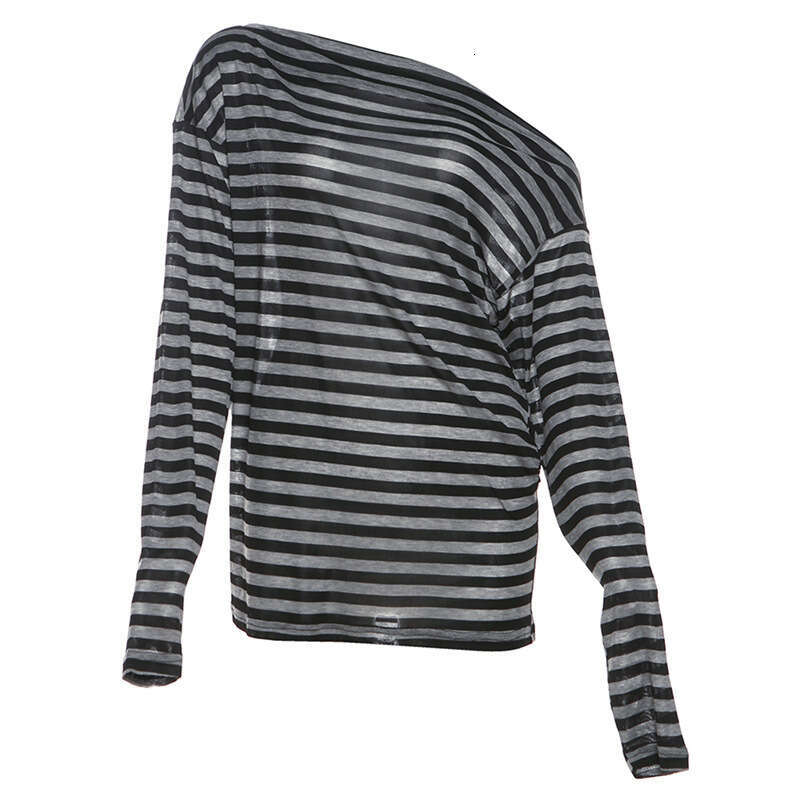 Wind 2024 Autumn New Women's Commuter Unique Cut Slant Neck Off Shoulder Striped Long Sleeve Top