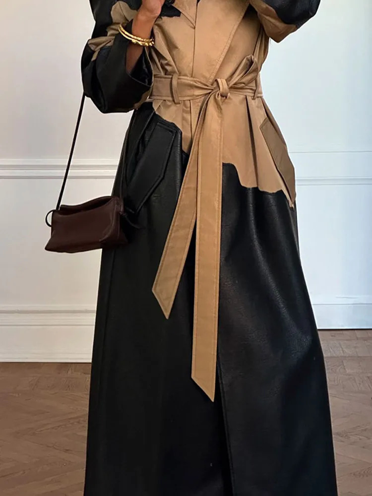 Chic Contrast Faux Leather Womens Long Jacket Lapel Open Front Thicken Trench Coat Winter Autumn Warm Outerwear With Belt 241129