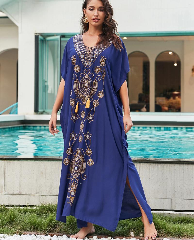 Vintage Summer Bikini Cover-Ups Boho Beach Wear Cotton Rayon Floral Embroidery Loose Kimono Maxi Dress For Women Robe