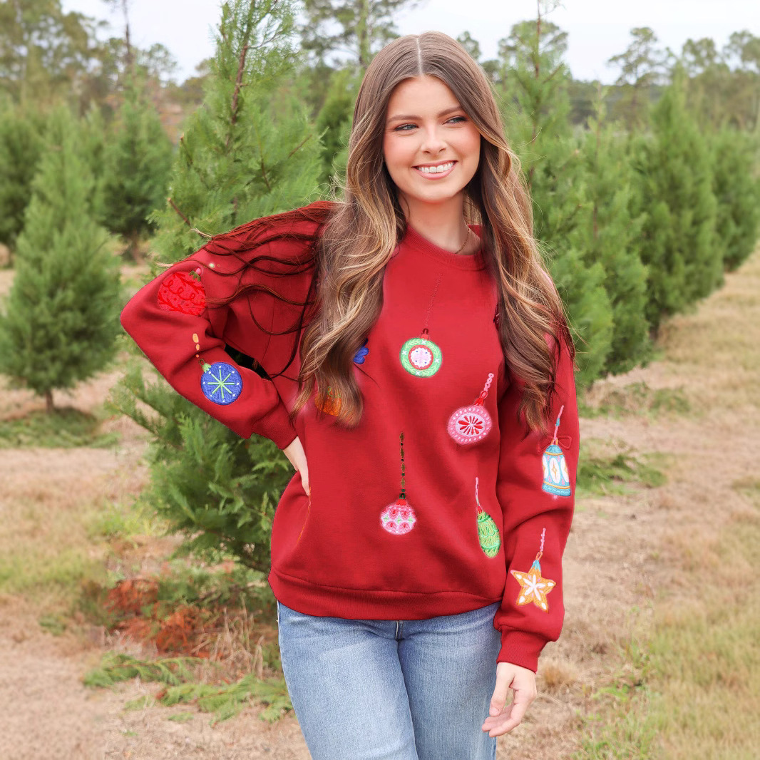 Autumn and Winter New Christmas Lantern Embroidered Loose Top Casual Long Sleeve Round Neck Hoodie