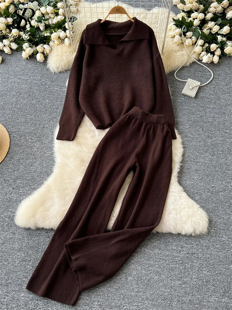 SINGREINY Autumn Casual Thick Suits Ladies Lapel Long Sleeve Loose PulloversHigh Waist Basics Wide Legs Pants Sweater 2pcs Sets 241129
