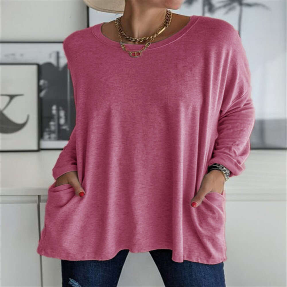 Spring Summer New European And American Round Neck Long Sleeved Loose Pocket Solid Color T-Shirt Casual Women's Fashion Trend Clothing Fashionabl