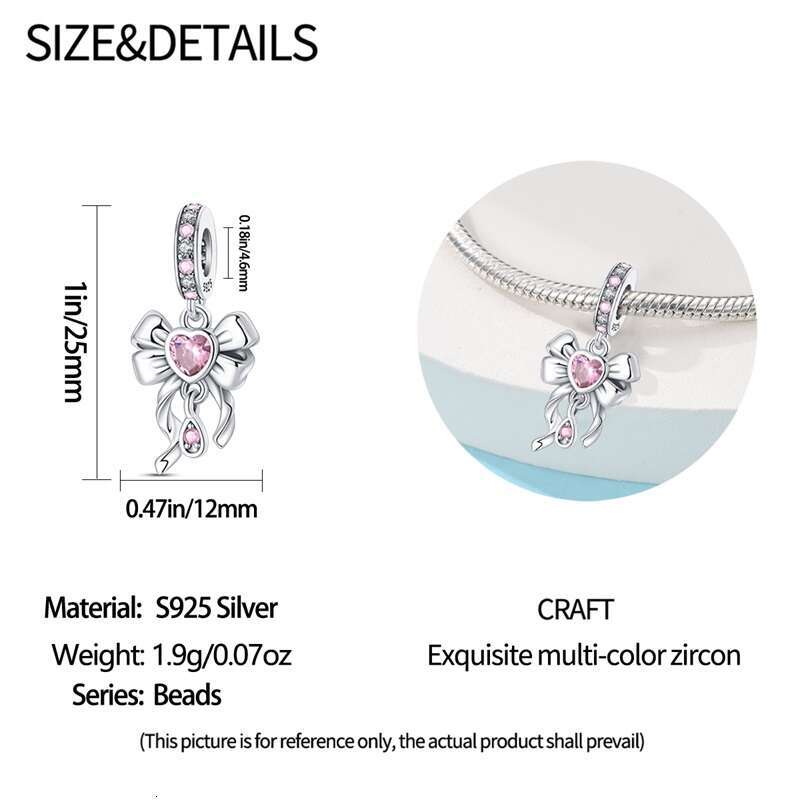 Sier Pink Bow Girl Heart Pendant Charm Fit Original Bracelet Necklace Womens Fine DIY Jewelry Gift 2024 New in
