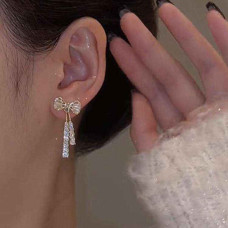 Gold Color Shiny Stud For Women Fashion Exquisite Dainty Rhie Bow Dangle Earrings Jewelry Friends Gift