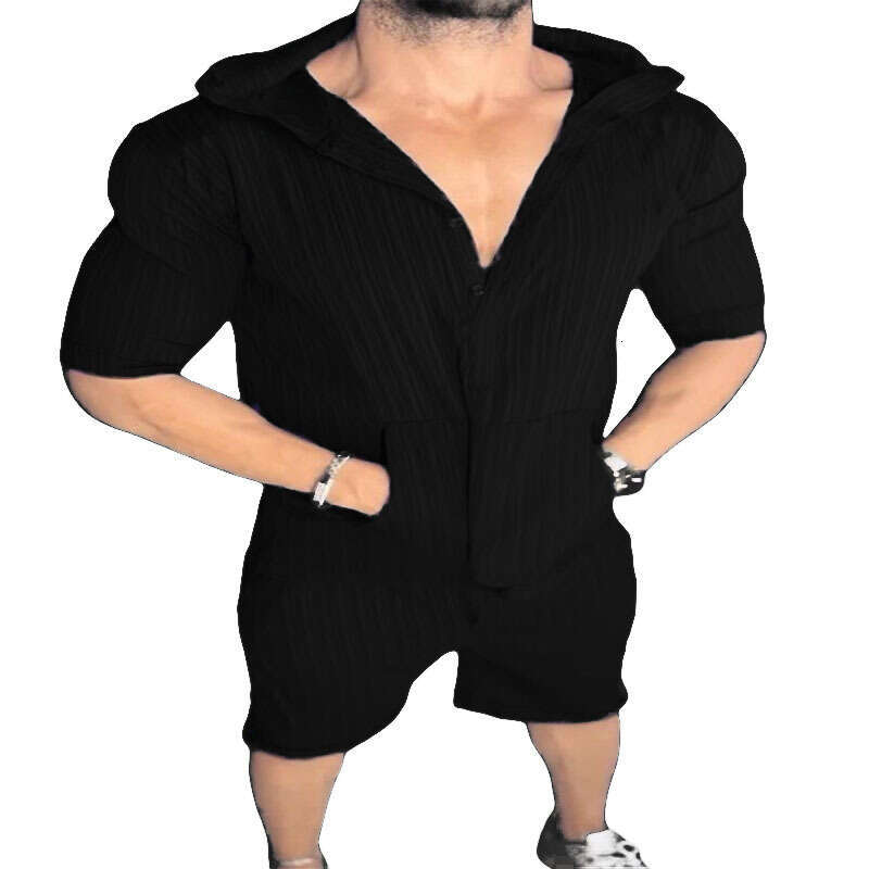 European And American Plus Size Casual Suit Men's Loose Short Sleeved Hooded Pocket Hoodie, Two Trendy Clothing Items With Fashionable Temperamen