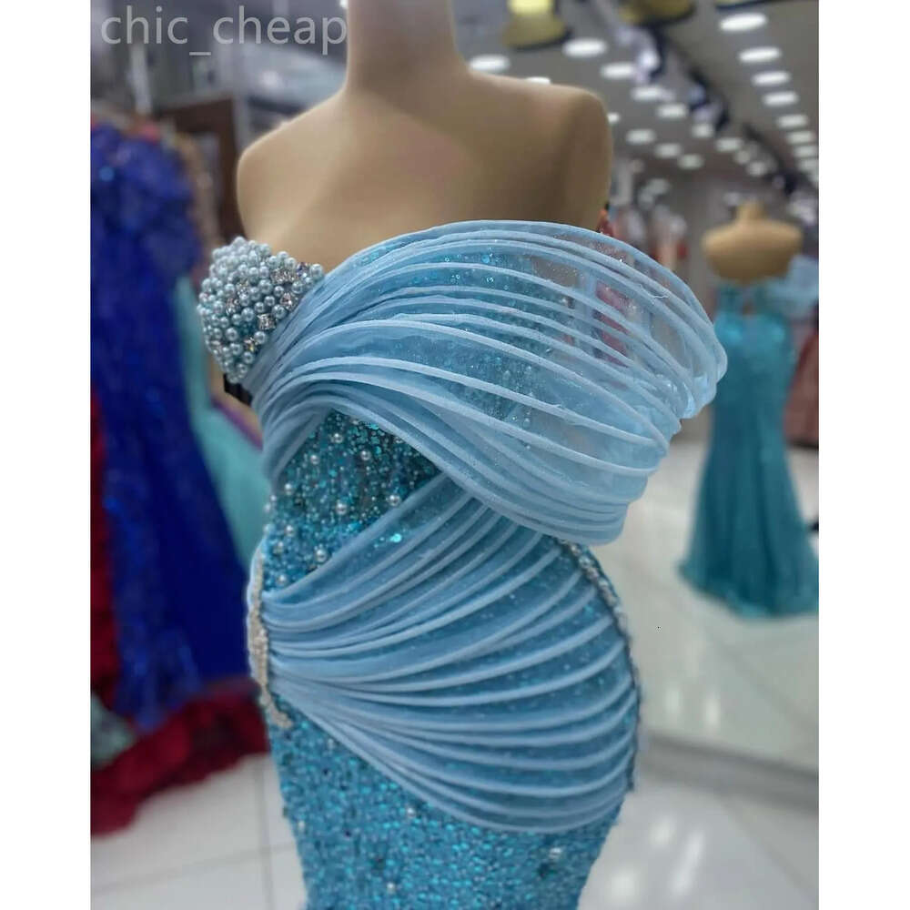 Aso Ebi Sky Blue Mermaid Prom Dress Pearls Crystals Sequined Evening Formal Party Second Reception Birthday Engagement Gowns Dresses Robe De Soiree Zj