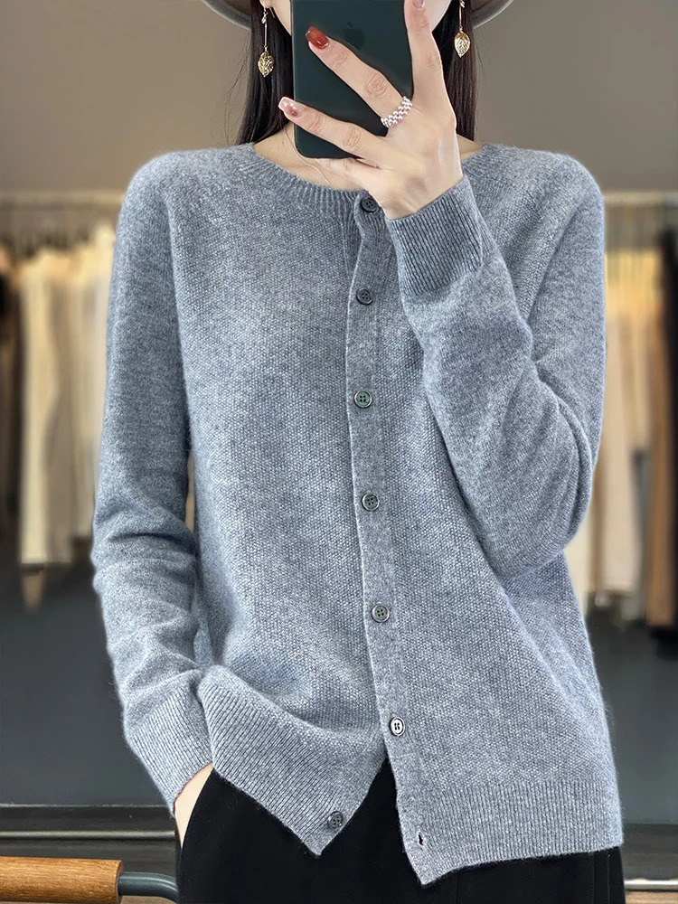 100% Merino sweater womens first-line ready cashmere cardigan solid color autumn and winter womens top 241128
