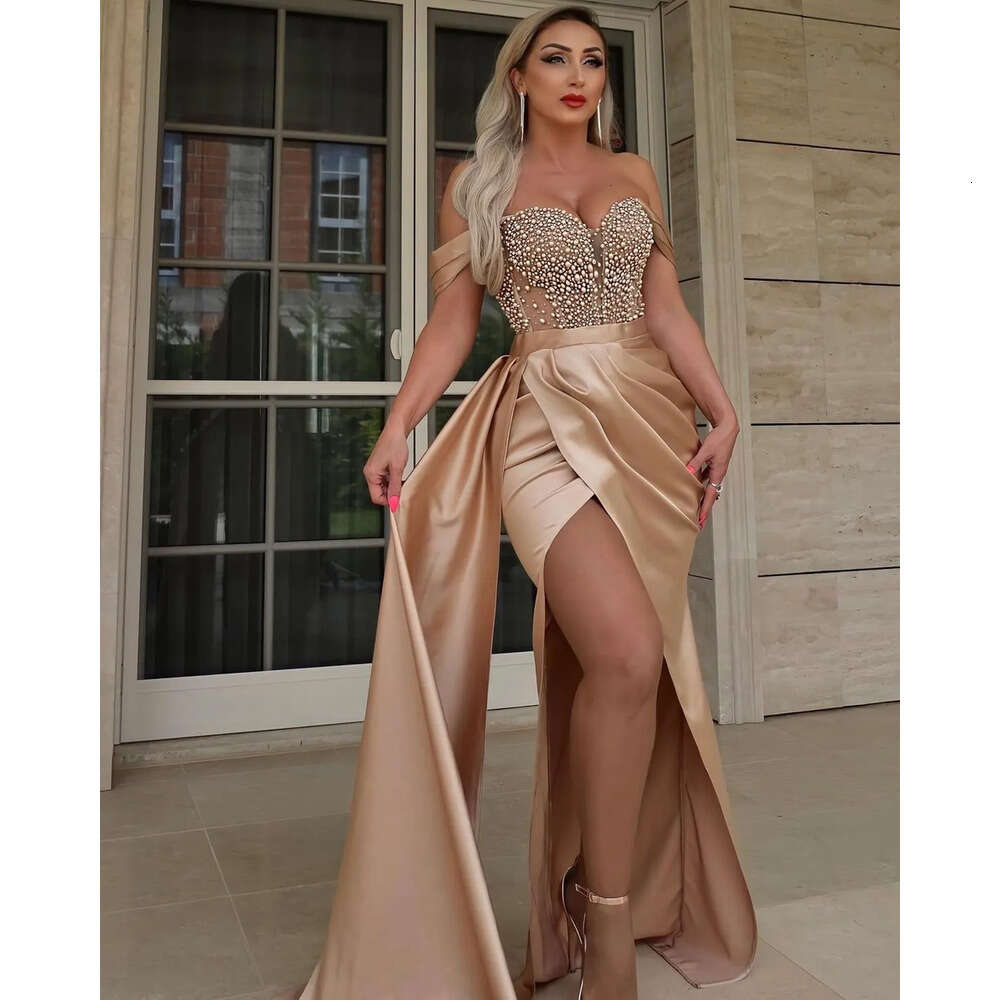 Prom Aso Ebi Champagne Sheath Dress Pearls Beaded Evening Formal Party Second Reception Birthday Bridesmaid Engagement Gowns Dresses Robe De Soiree Zj